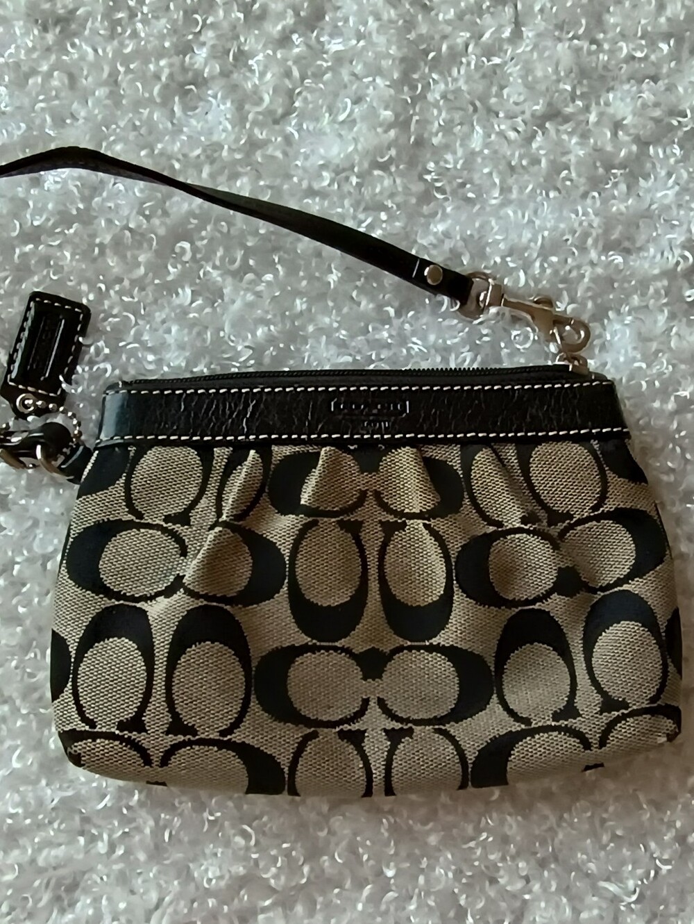 Coach Tan and Black Signature Canvas Wristlet